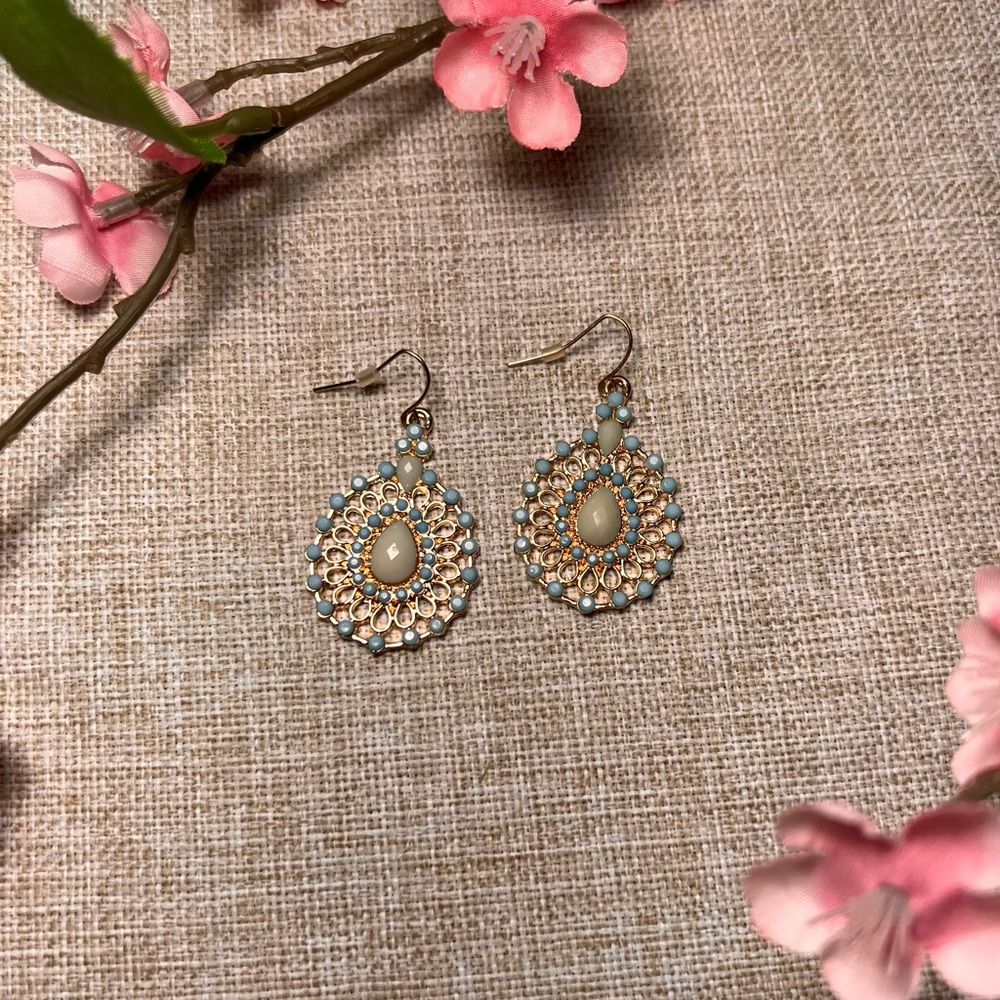 Gold and Blue Victorian-Style Boho Teardrop Oval Beaded Earrings